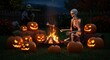 © Adventuria - Halloween scene with skeleton roasting a bone over a campfire surrounded by carved pumpkins and a scarecrow
