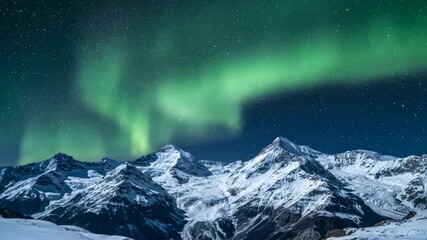 Wall Mural - ﻿spectacular green aurora borealis swirling over majestic snow-capped mountains at night timelapse u