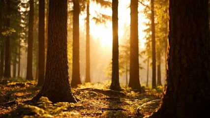 Wall Mural - ﻿Slow dolly shot through a sun-drenched serene forest at golden hour with shallow depth of field spring, peace, wilderness