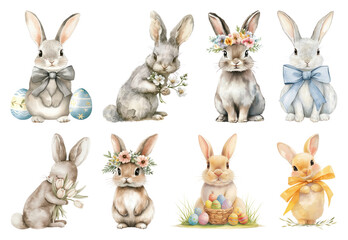 Wall Mural - PNG Charming watercolor bunnies collection, element set on transparent background
