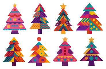 Wall Mural - PNG Colorful geometric Christmas trees, element set on transparent background