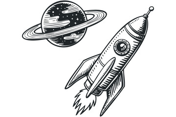 Wall Mural - Retro rocket ship traveling past a ringed planet in outer space. Vector hand drawn illustration