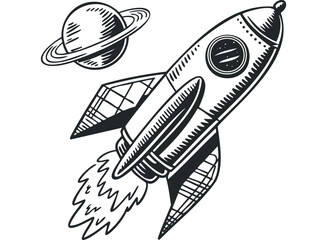 Wall Mural - Sketch of a rocket ship with flames and a planet. Vector hand drawn illustration