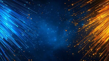 Wall Mural - The image showcases a captivating abstract design featuring radiant blue and orange light streaks converging on a dark backdrop speckled with miniature stars, creating a cosmic effect.