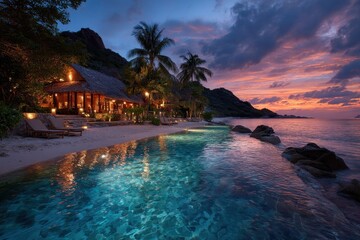 Wall Mural - Luxury resort at dusk with infinity pool overlooking ocean. Perfect for travel ads, or promoting exotic destinations.