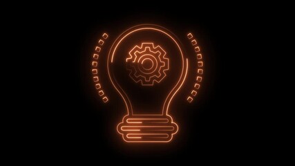 Glowing light bulb with gear icon animation symbolizing innovation and technological progress on black background