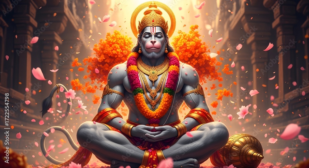 Lord hanuman meditating in a temple surrounded by flowers, a symbol of ...