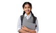 © The Stock Guy - Happy Indian schoolgirl with braided hair, uniform, backpack, and laptop, ready to school