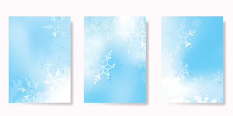 Wall Mural - Abstract blur gradient winter card background set. Minimalist poster with snowflake watercolor texture. Modern fall season wallpaper design for cover, print, Christmas and New Year ads.