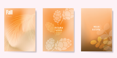 Wall Mural - Abstract blur gradient autumn card background set. Minimalist poster with pine leaves, pine cone, leaves. Modern fall season wallpaper design for home decoration, website, banner, ads.