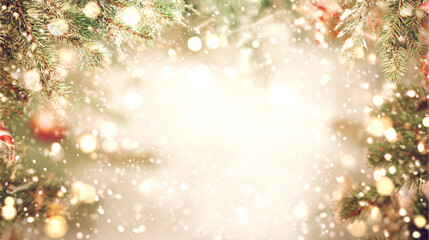 Wall Mural - A festive blurred Christmas background with a glowing, snowflakes, warm golden fairy lights, and softly blurred pine branches frame, Festive background for Christmas, horizontal banner, space for text