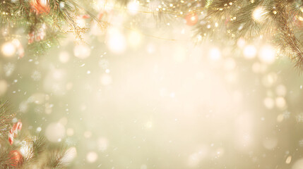 Wall Mural - A festive blurred Christmas background with a glowing, snowflakes, warm golden fairy lights, and softly blurred pine branches frame, Festive background for Christmas, horizontal banner, space for text