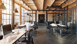 © Victor zastol'skiy - Modern industrial loft office interior with brick walls and wooden desks. Empty contemporary workspace design. 3D rendering.