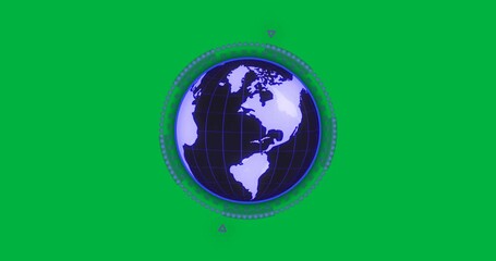 Wall Mural - Stylized digital globe floating in transparent backdrop, glowing grid rotating with radial HUD bars