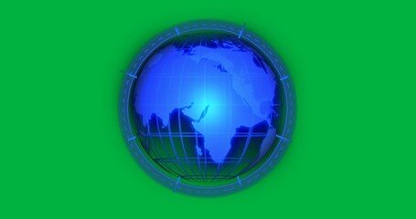 Wall Mural - 3D render globe spinning with glowing grid lines and circular HUD rings on transparent background