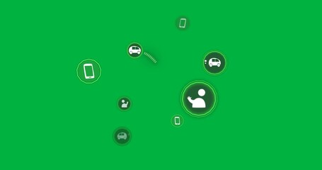 Wall Mural - Large glowing green circle showing white avatar icon linking network nodes on transparent canvas