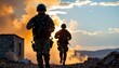 © MakeitEasy - Two military personnel standing in a remote location at dusk, with the setting sun casting long shadows on the ground. They are equipped with body armor and armed with assault rifles