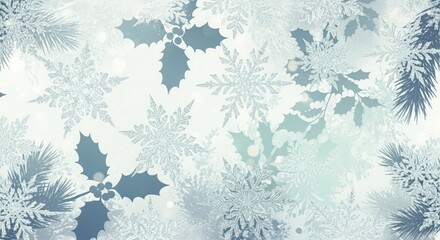 Winter snowflake and holly pattern with pine branches and bokeh effect on a light blue background