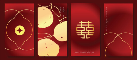 Wall Mural - Chinese New Year 2026 hongbao red envelope design vector. Collection of Chinese festival with coin, orange. Elegant oriental illustration for ang pao, cover, website, calendar, ads.