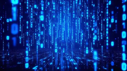 Abstract digital illustration of binary code flowing downwards, representing data streams.