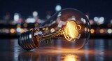 Golden key inside glowing light bulb filament