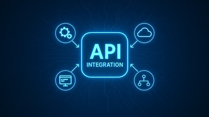 API integration digital concept with glowing blue icon and connected symbols of computer cloud gear and network system on dark background representing technology and data flow