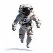 © Silver - Astronaut in a spacesuit floats weightlessly. Clear visor reflects a starscape, against a pure white background, implying space travel