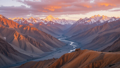 Wall Mural - The golden hour bathes the snow-capped peaks and valley in a warm glow, highlighting the rugged terrain and the river's path.