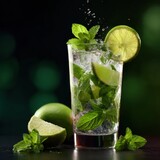 Refreshing mint limeade drink with fresh lime slices and mint leaves in a tall glass, sparkling water with ice cubes, dark background, vibrant colors