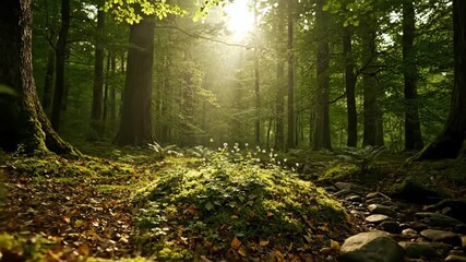 Wall Mural - Gentle push-in shot to a secluded, remote forest clearing with dappled sunlight filtering through the dense canopy, evoking peace and hidden tranquility exploration, meditation, untouched