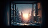 Winter sunrise view through a snowy window