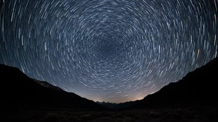 Wall Mural - celestial star trails rotating above a silent, dark valley landscape under a clear night sky, captur