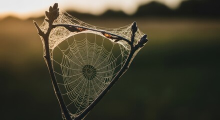 A spider web with dew drops on a branch at sunrise.