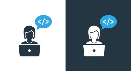 Person coding on laptop with speech bubble icon showing code symbol for programming and development