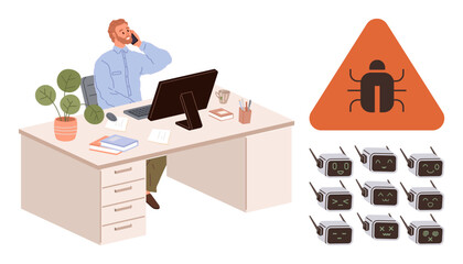 Man on phone at desk with bug warning sign and robot faces indicating system errors. Ideal for technology, programming, debugging, cybersecurity, software development, error handling, automation. A