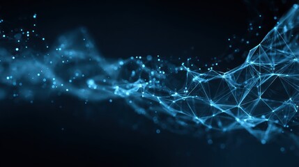 Wall Mural - Abstract digital rendering of a flowing, luminous blue network of interconnected points and lines against a dark background.  The structure resembles a wave or stream of data