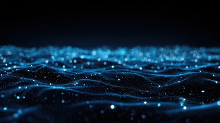 Wall Mural - Abstract digital art depicting a dark, undulating landscape of luminous blue particles, creating a sense of depth and movement
