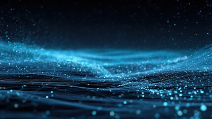 Wall Mural - Abstract digital artwork depicting a dark blue, undulating landscape composed of glowing particles and faint lines, suggesting depth and movement
