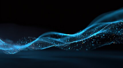 Wall Mural - Abstract blue wave with small orange particles floating against a dark background