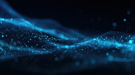 Wall Mural - Flowing, glowing, blue particle wave with bokeh, on a dark, abstract background