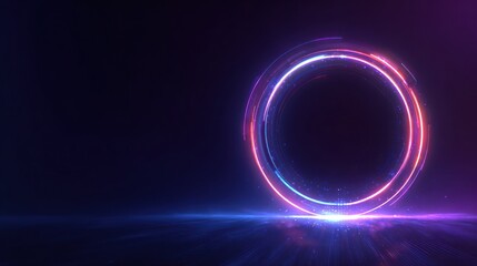 Wall Mural - Abstract neon ring with pink and blue hues on a reflective, dark surface
