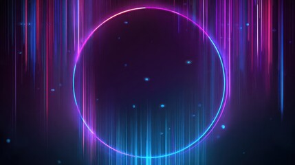 Wall Mural - Luminous circle framed by glowing vertical lines on dark backdrop with bokeh dots