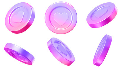 Wall Mural - 3d set of neon coins with heart, different angles. Holographic symbol of love. Stock vector illustration on isolated background.