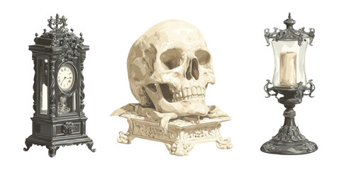 Vintage Clock and Skull with Lantern on Transparent Background for Artistic Use