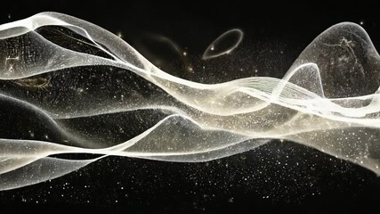 Wall Mural - Abstract flowing ribbons with sparkling particles on a dark background.