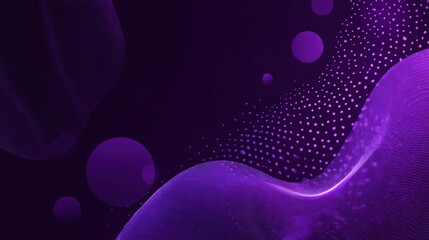 Wall Mural - Abstract background of purple flowing waves, dots, and floating spheres on dark surface