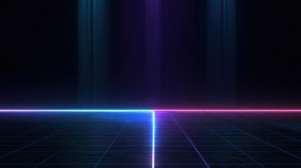 Wall Mural - Neon lines intersect on grid floor with dark background & light pillars above