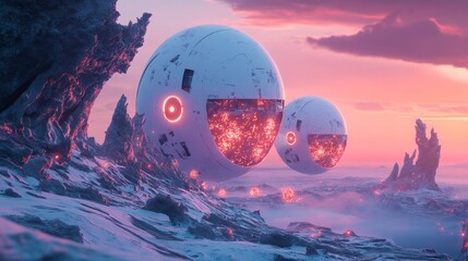 Wall Mural - futuristic spheres hover above a vibrant alien landscape. the colors shift from purple to pink again