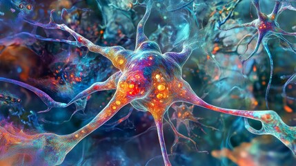Wall Mural - A stunning representation of vibrant neurons in an abstract setting. The intricate details showcase interactions within the brain. Explore the beauty of neuroscience. Generative AI
