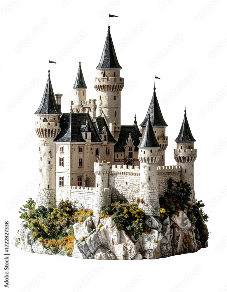 Detailed miniature castle on rocky terrain, multiple towers and ...